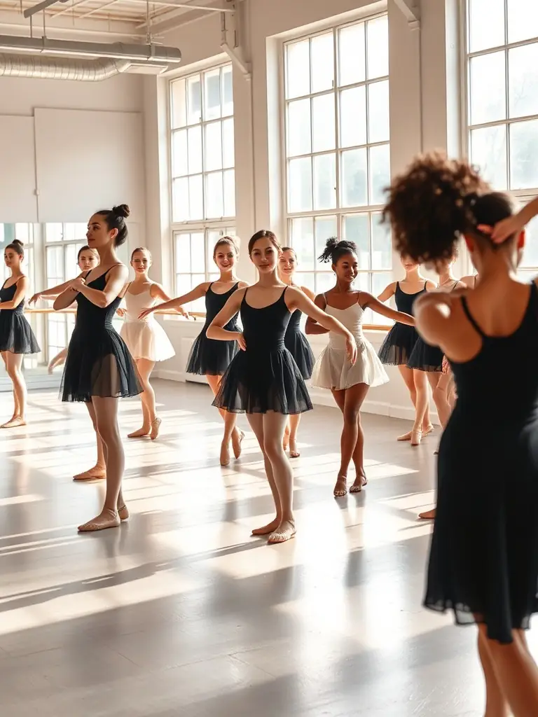 A group of diverse dancers in a ballet class, practicing positions with focused expressions, in a bright studio with barres and mirrors.