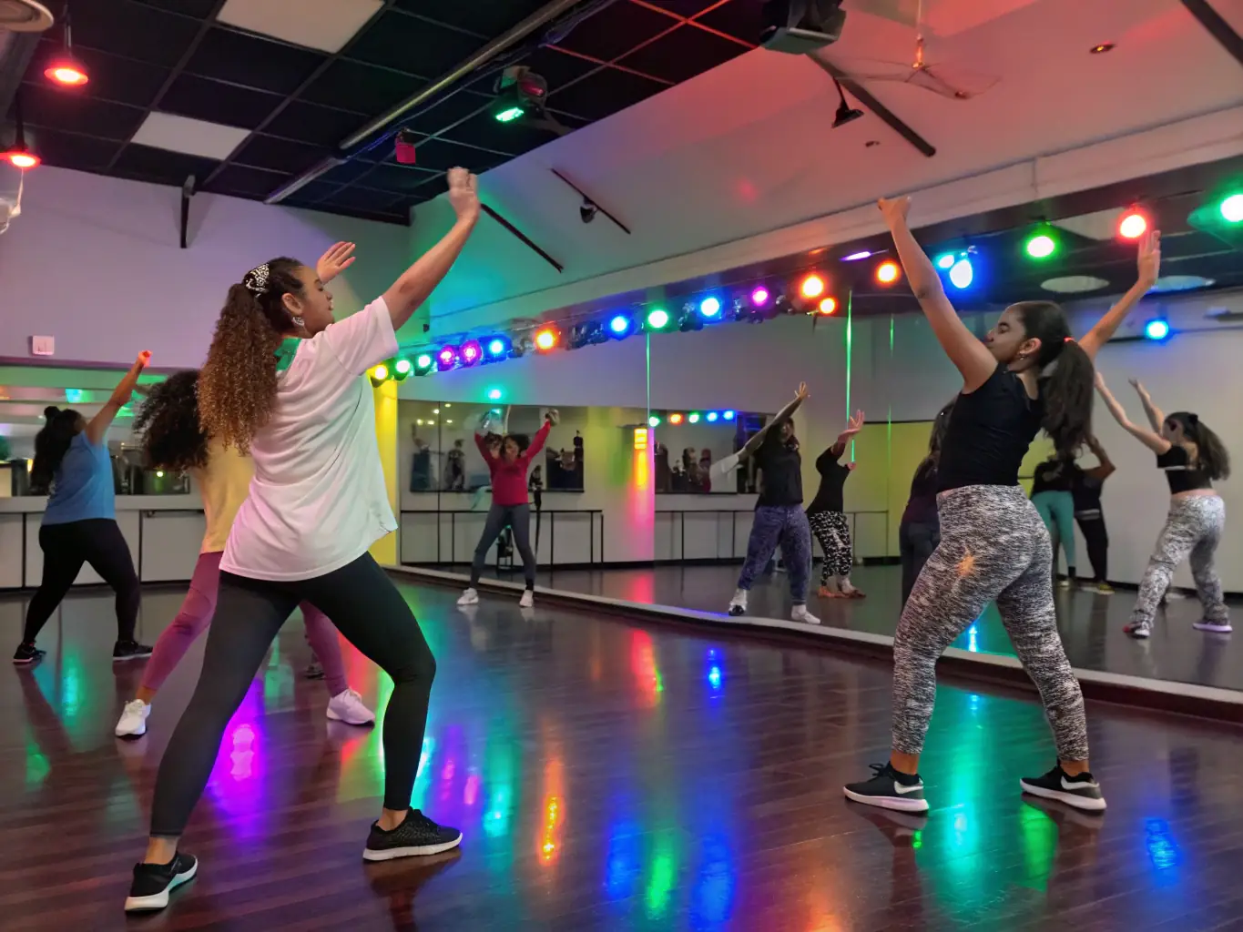 A group of diverse dancers in a modern dance class, moving in unison, showcasing the energy and inclusivity of K DANSE.