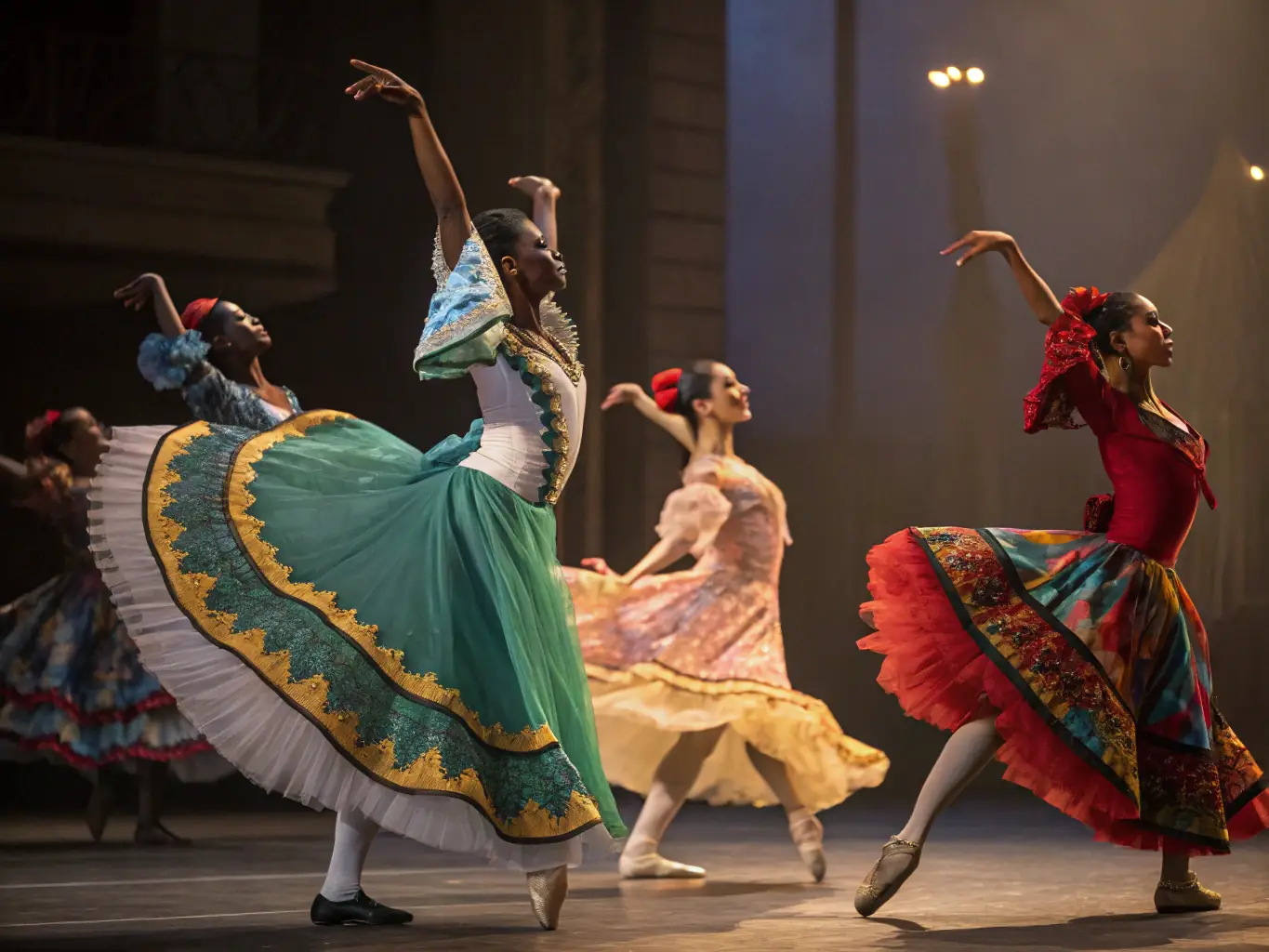 A vibrant scene from a K DANSE performance, with dancers in colorful costumes expressing emotion through movement, emphasizing the artistic opportunities provided.