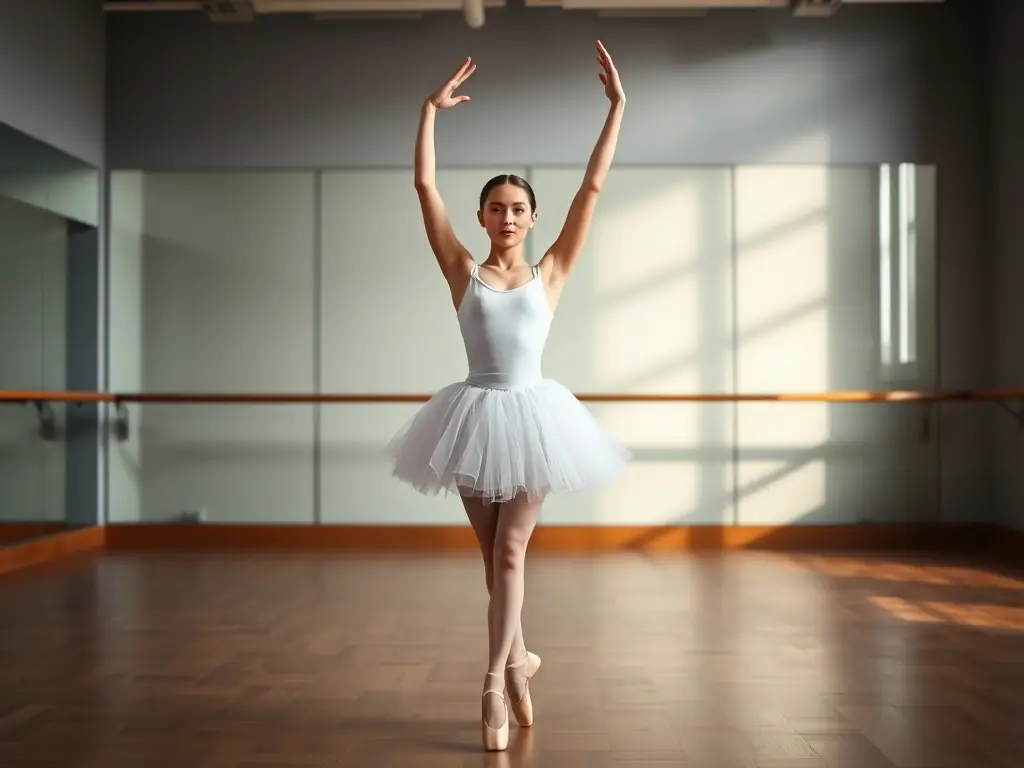 A young ballerina practicing her technique at the barre, highlighting the disciplined training and artistic development at K DANSE.