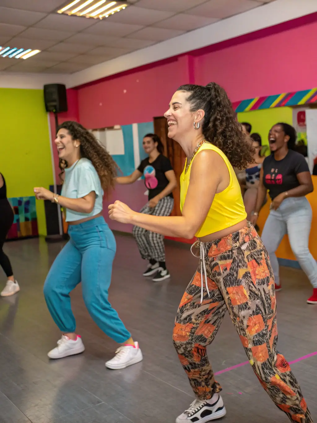 A vibrant jazz dance class with students learning energetic routines, set to upbeat music, in a studio with colorful lighting.