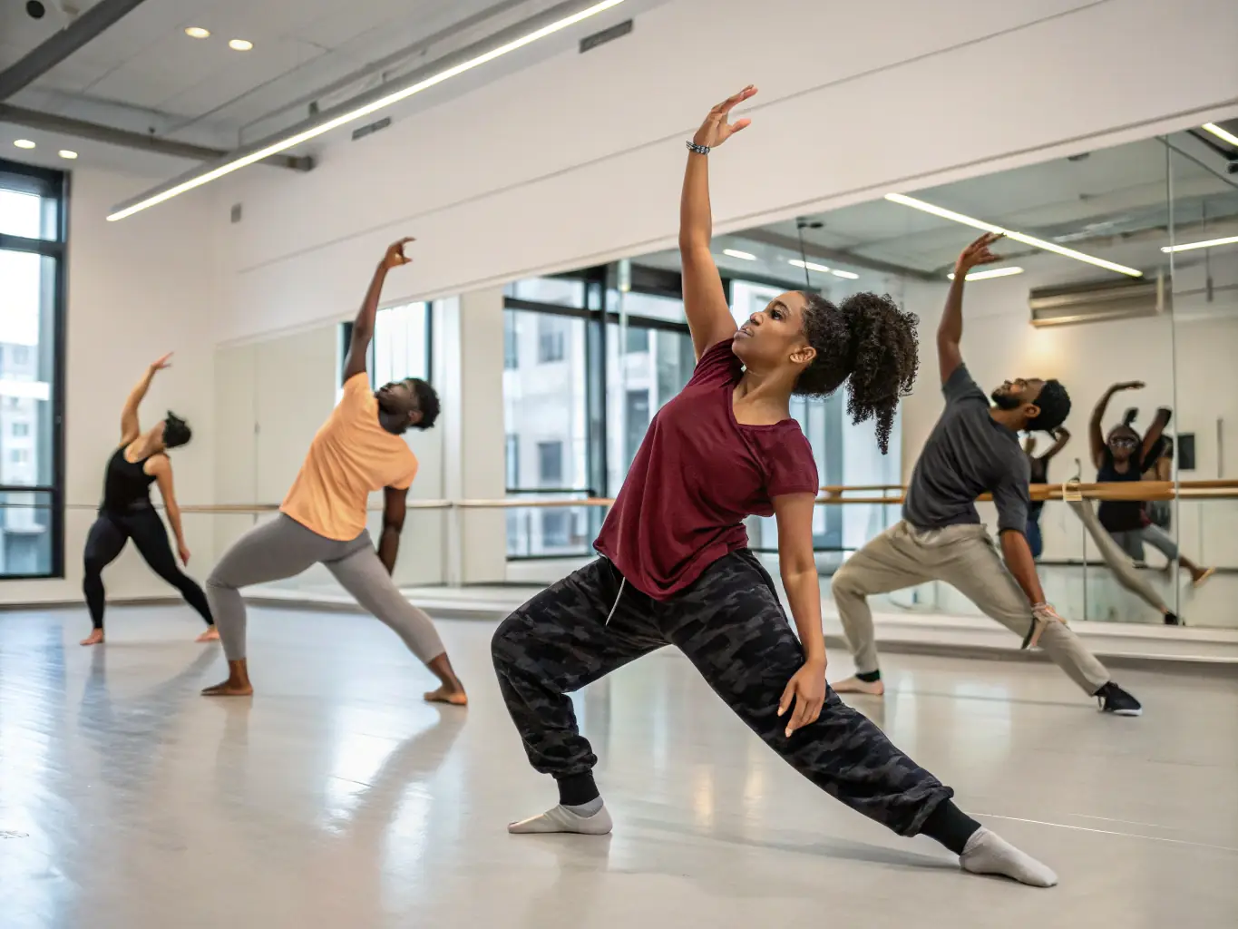 A vibrant photograph capturing the energy of a dance workshop, with participants actively engaged in learning new techniques and movements, set in a spacious studio with natural light.