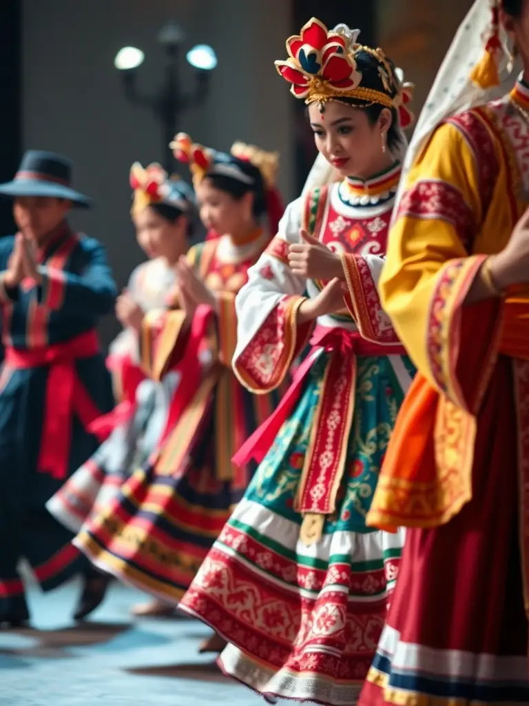 Dancers in traditional attire performing a cultural dance on stage, with intricate movements and vibrant costumes, captivating the audience.