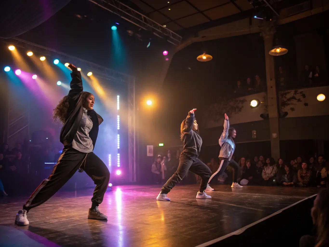 A vibrant photograph capturing a dynamic modern dance performance, showcasing dancers in mid-air with dramatic lighting and colorful costumes, set against a blurred background of an enthusiastic audience.