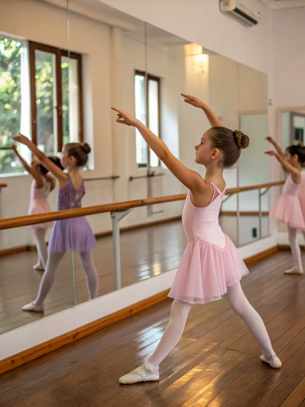 A vibrant image of a ballet class in session at K DANSE, featuring dancers of various ages practicing at the barre, with the instructor providing guidance.