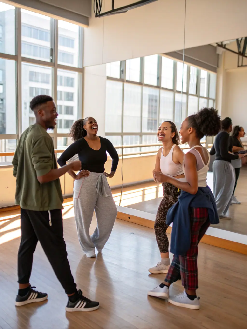 A dynamic contemporary dance workshop with participants exploring fluid movements and expressive choreography, led by a skilled instructor.
