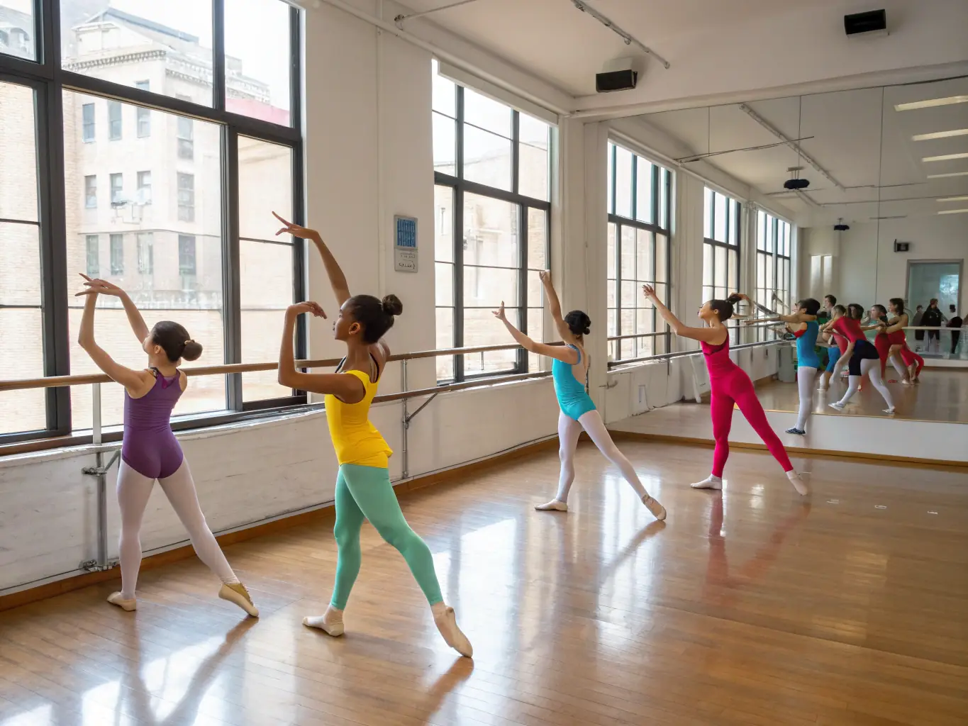 A photograph of a ballet workshop in progress, featuring a professional instructor guiding students through a series of poses and exercises, with a focus on technique and precision.