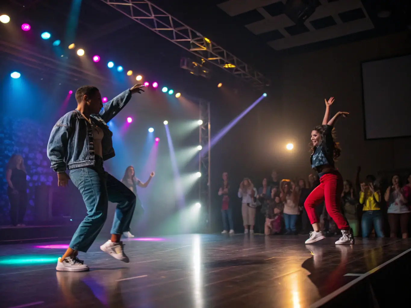 A dynamic image of dancers performing on stage during a K DANSE event, showcasing their skill and passion in front of an engaged audience, with colorful lighting and costumes.