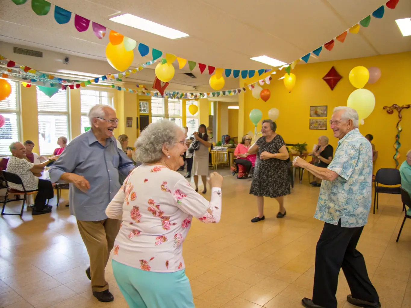 A photograph of a community dance event, showing people of all ages and backgrounds participating in a lively and inclusive dance session, with smiles and laughter filling the scene.